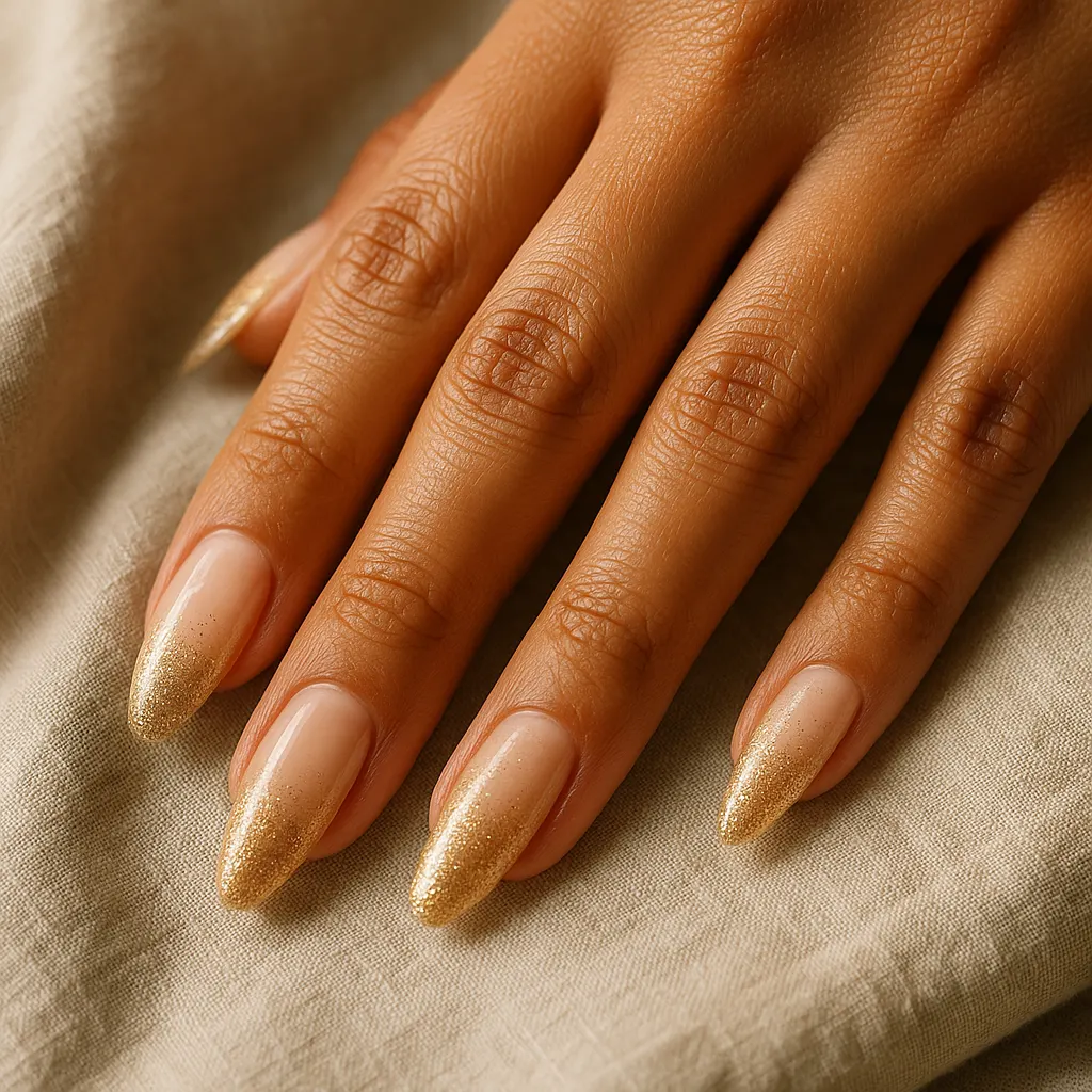 Long almond nails fading from a milky nude base into dense gold glitter tips, on warm tan skin resting on beige linen.