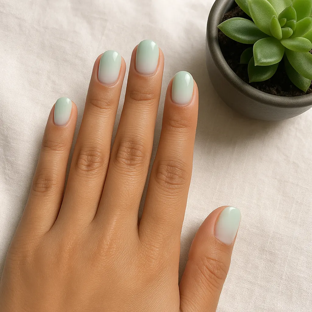 Short round nails fading from pale mint to soft white tips, on light tan skin over white linen beside a potted succulent.
