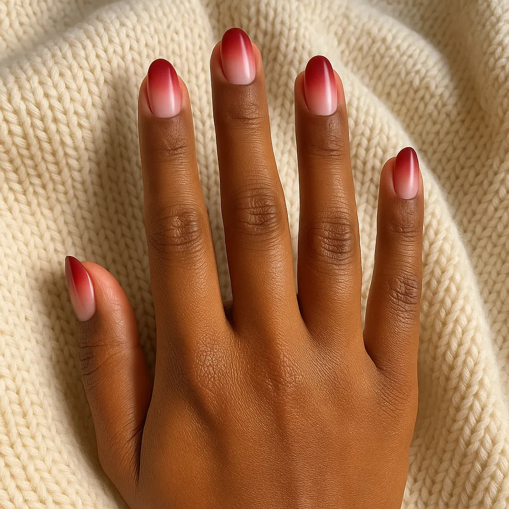 Medium almond nails fading from baby pink to deep cherry red tips, on deep brown kayumanggi skin over a cream knit blanket.