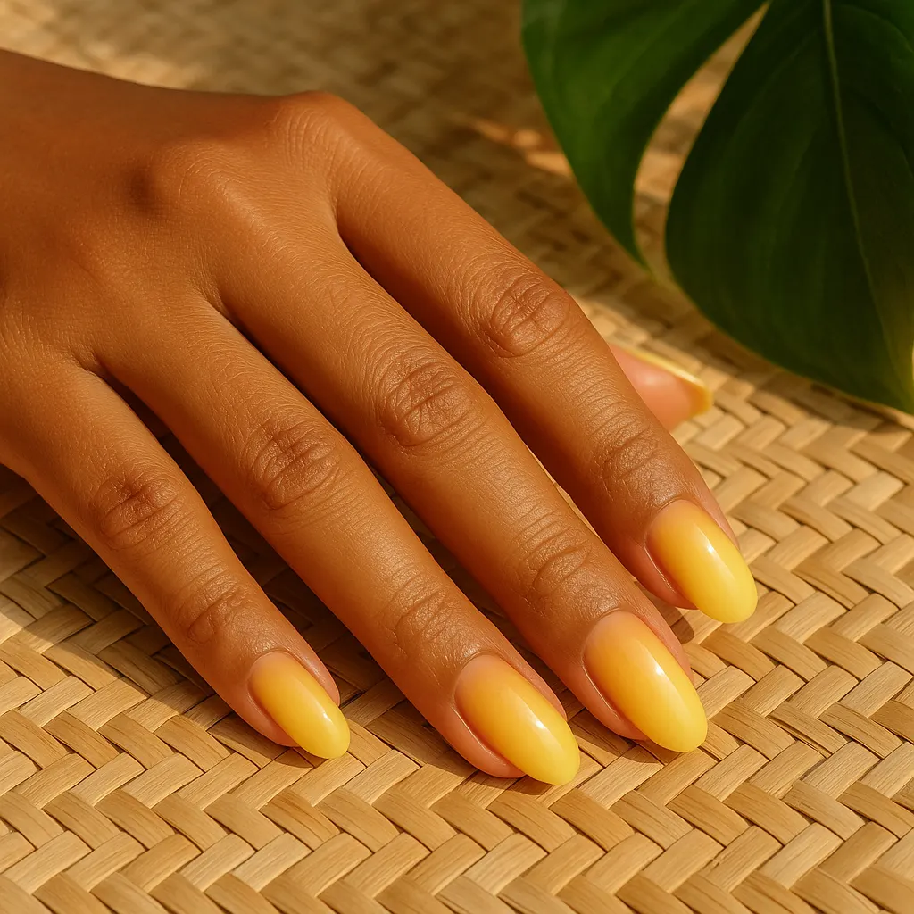 Medium oval nails fading from tangerine orange at the cuticle to sunny yellow at the tip, on warm tan skin over a woven rattan mat beside a tropical leaf.