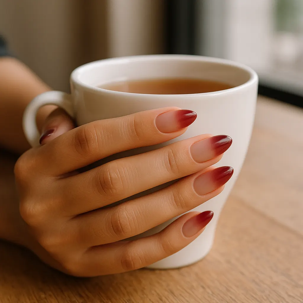 Medium almond nails fading from sheer nude to deep maroon tips, on light Filipino skin holding a white cup of tea.