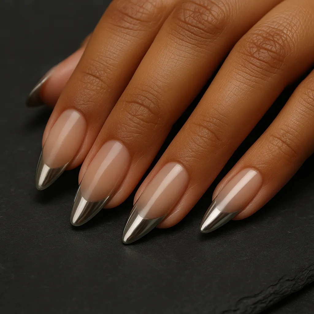 Medium almond nails fading from sheer nude to mirror silver chrome tips, on medium brown skin over dark slate.
