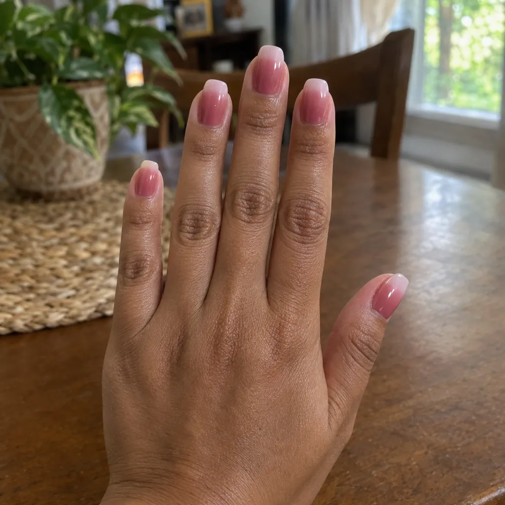Squoval nails graded from a deep rose base to a pale blush tip.