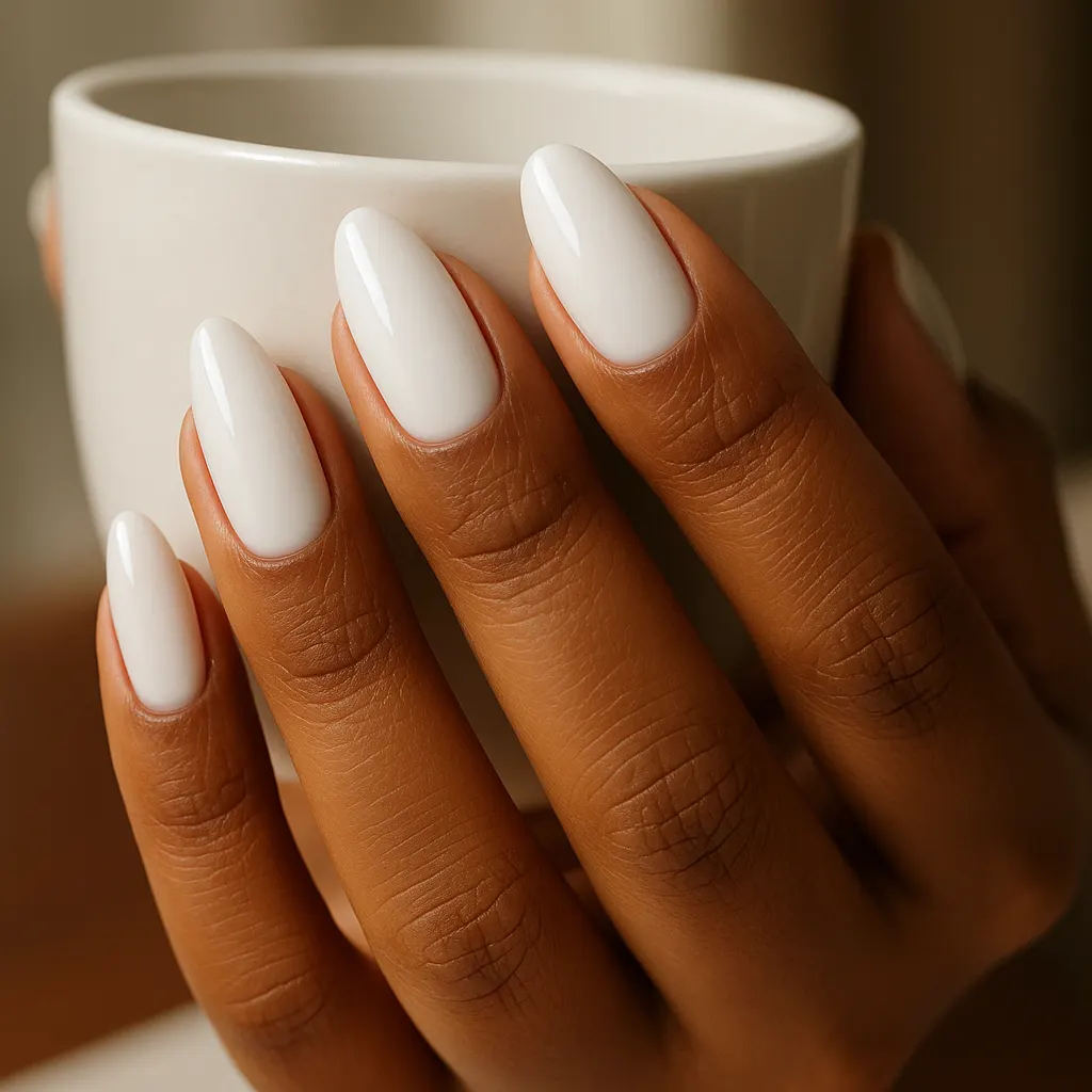 Long almond nails in glossy milky white on kayumanggi skin, the fingers wrapped around a white cup.