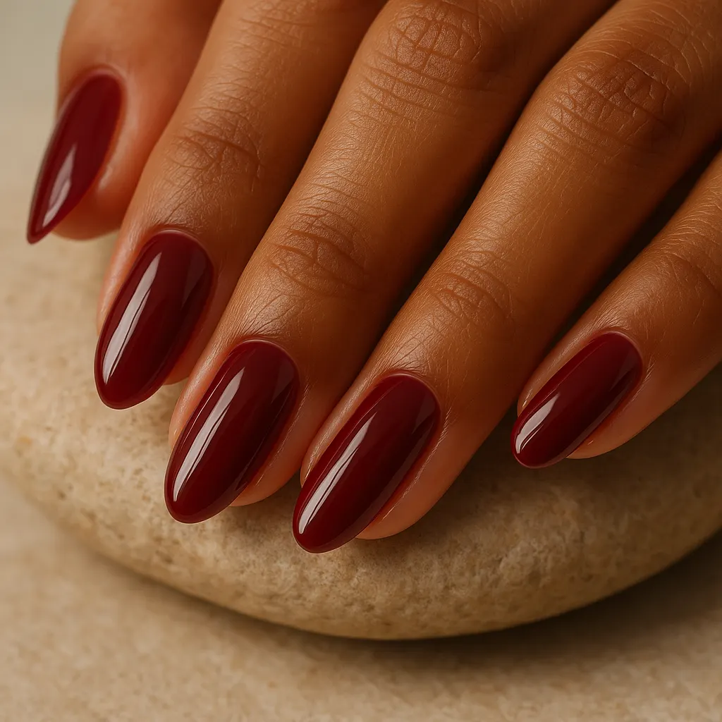 Medium almond nails in glossy wine red on warm morena skin, the fingers resting on a smooth beige stone.