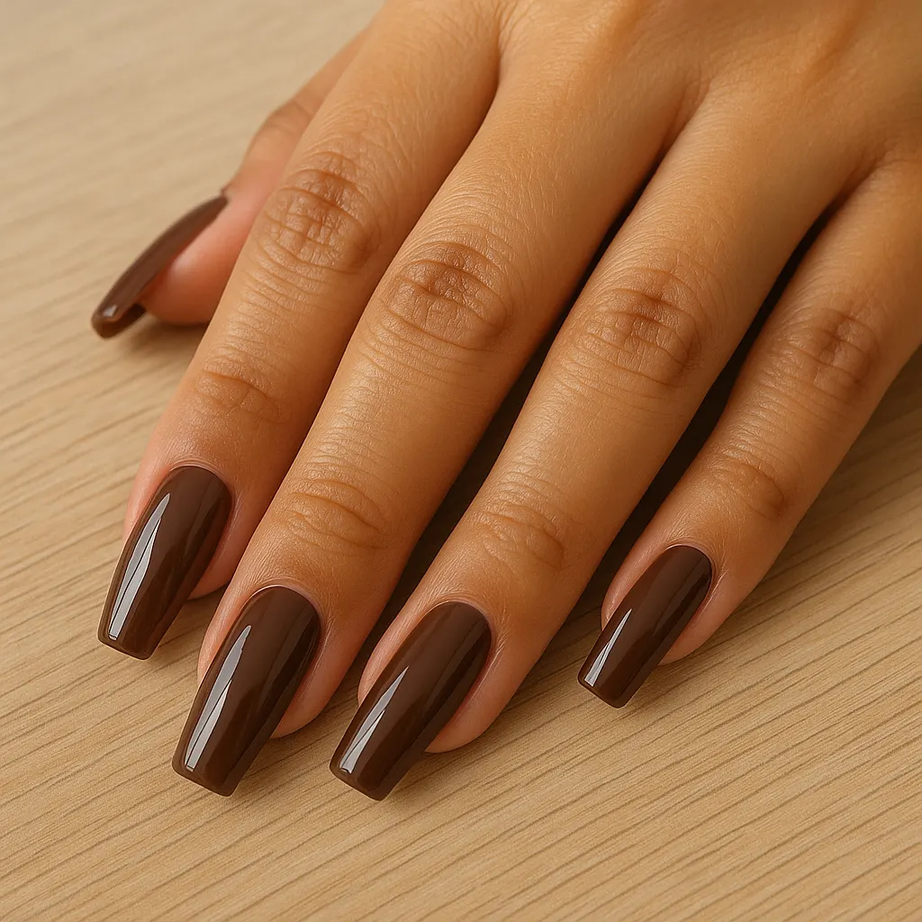 Medium coffin nails in glossy chocolate brown on light mestiza skin, the hand resting flat on a light oak table.