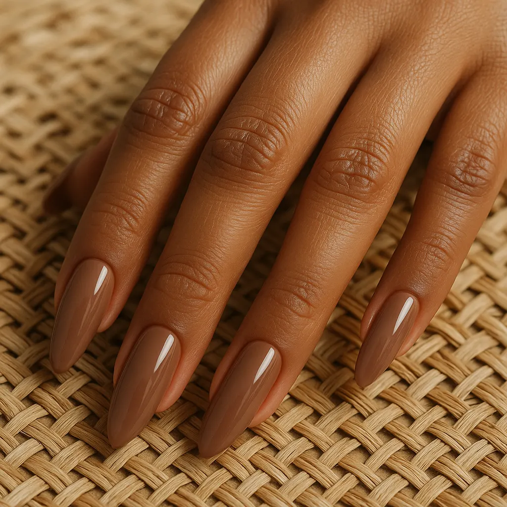 Long almond nails in glossy mocha nude on kayumanggi skin, the hand resting on a woven rattan mat.