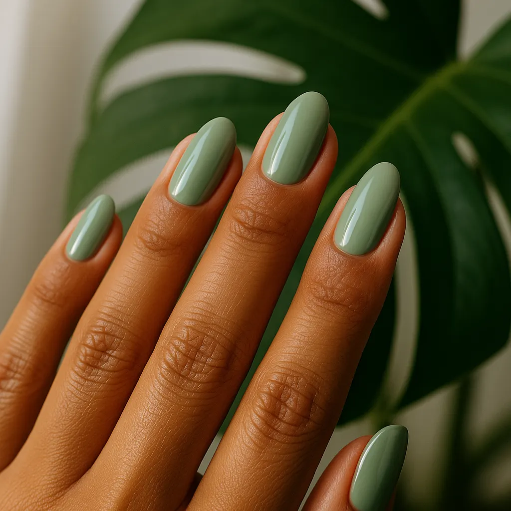 Medium almond nails in soft sage green on warm tan skin, the fingers raised in front of a monstera leaf.