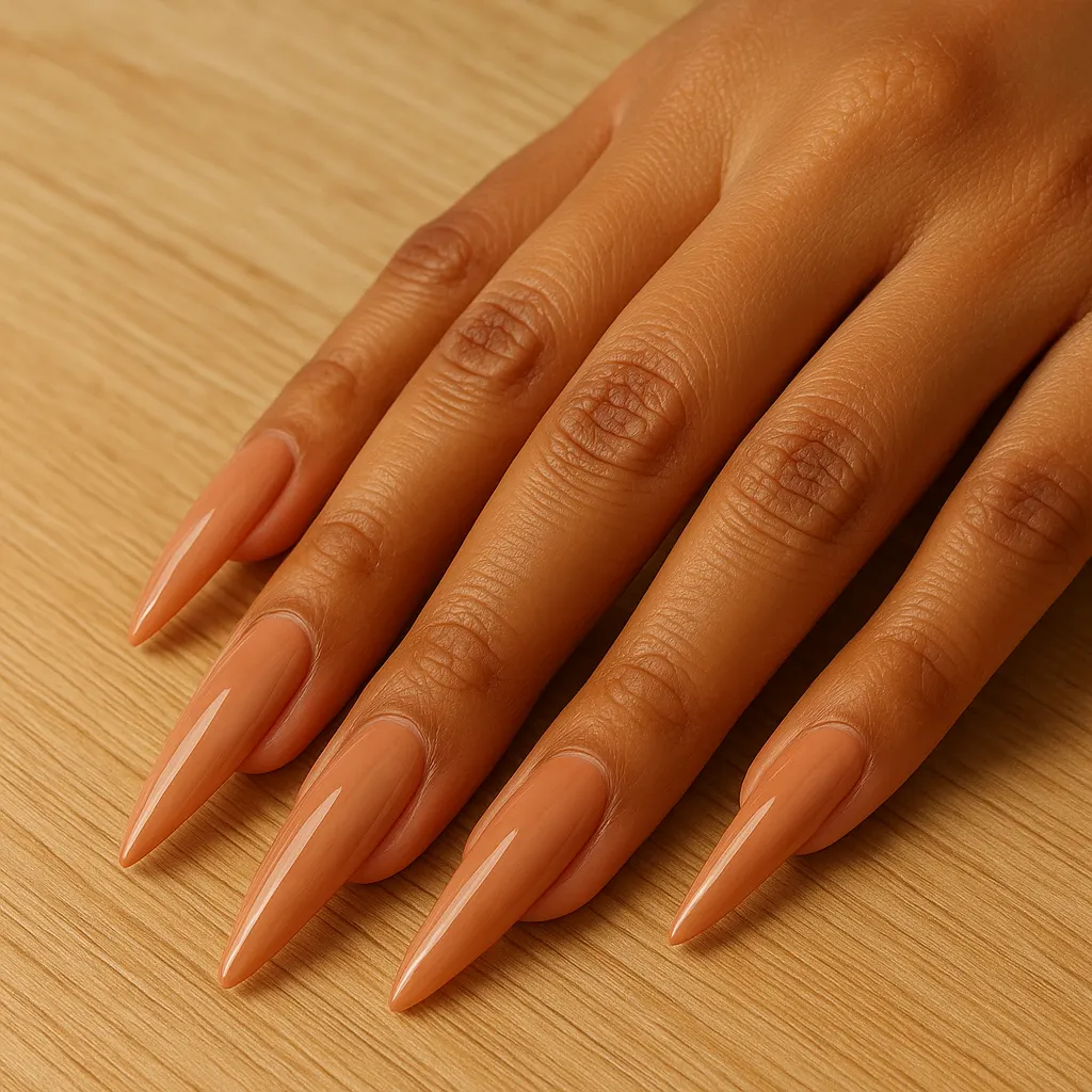 Long stiletto nails in glossy warm nude on warm morena skin, the hand resting flat on a light oak table.
