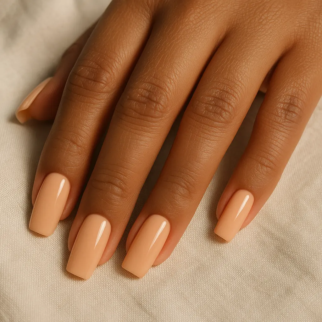 Medium square nails in soft peach cream on warm tan skin, the hand resting flat on cream linen.
