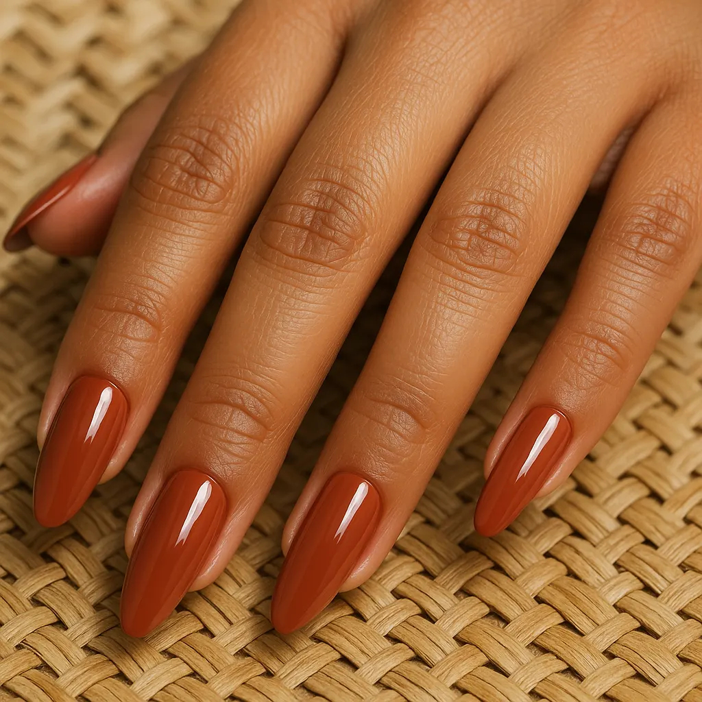 Long almond nails in glossy terracotta on kayumanggi skin, the hand resting on a woven rattan mat.