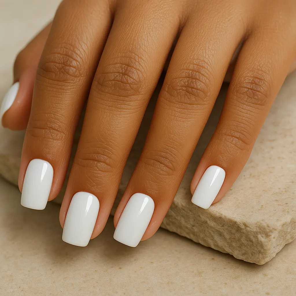 Medium square nails in opaque bright white on warm morena skin, the fingers resting on a block of beige stone.