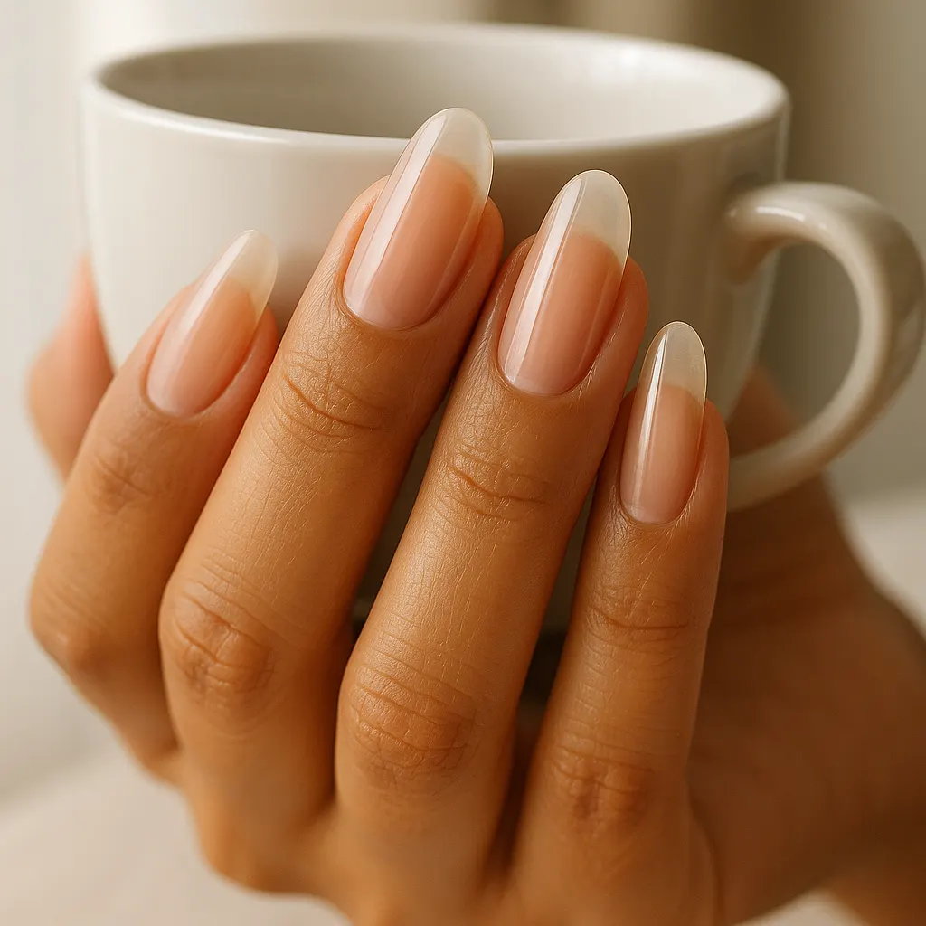Long oval nails in clear glossy builder gel over the natural nail on light mestiza skin, the fingers wrapped around a white cup.