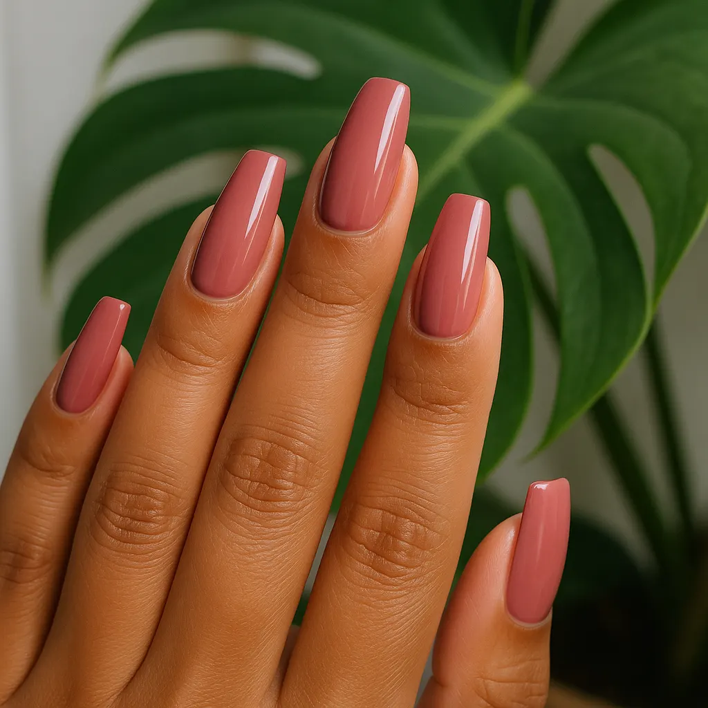 Medium coffin nails in glossy dusty rose on warm tan skin, the fingers raised in front of a monstera leaf.
