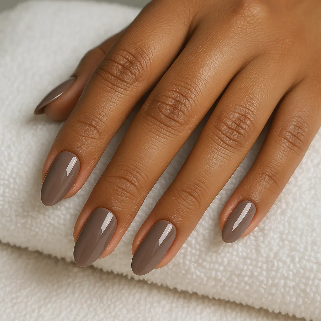 Medium almond nails in glossy cool taupe on kayumanggi skin, the hand resting on a folded white towel.