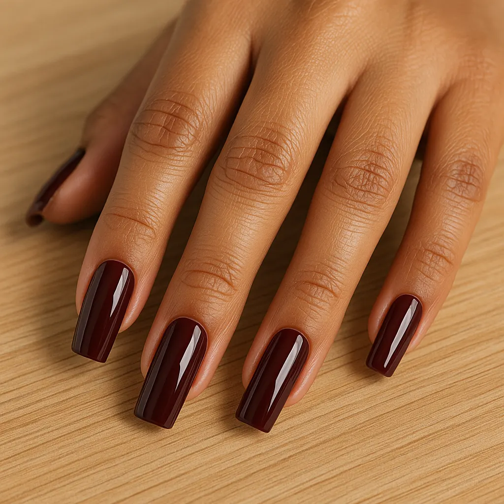Long square nails in glossy deep maroon on warm morena skin, the hand resting flat on a light oak table.
