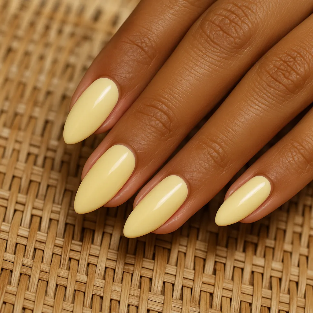 Medium almond nails in soft butter yellow cream on warm tan skin, the fingers resting on a woven rattan mat.