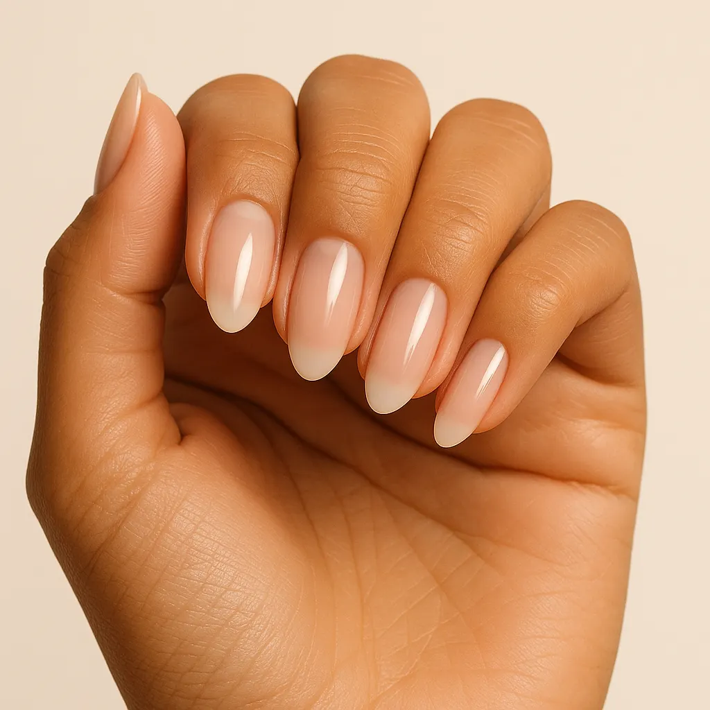 Medium almond nails in a sheer milky pink, on tan skin.