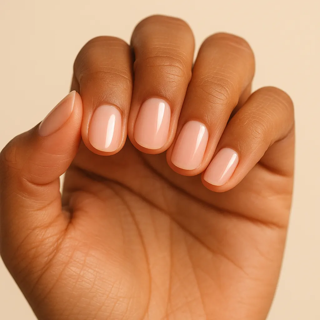 Short squoval nails in a soft peachy baby pink, on morena skin.