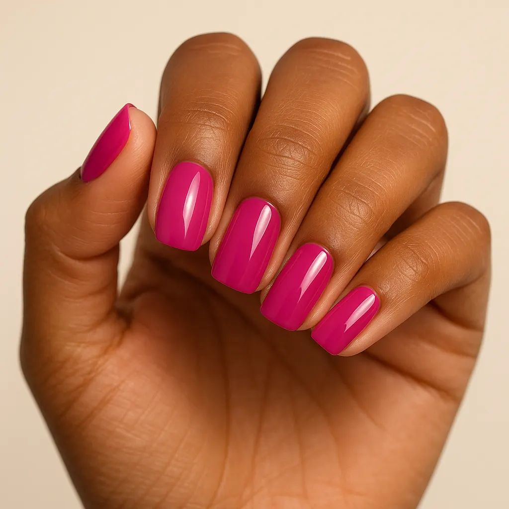 Medium squoval nails in a deep glossy fuchsia, on morena skin.