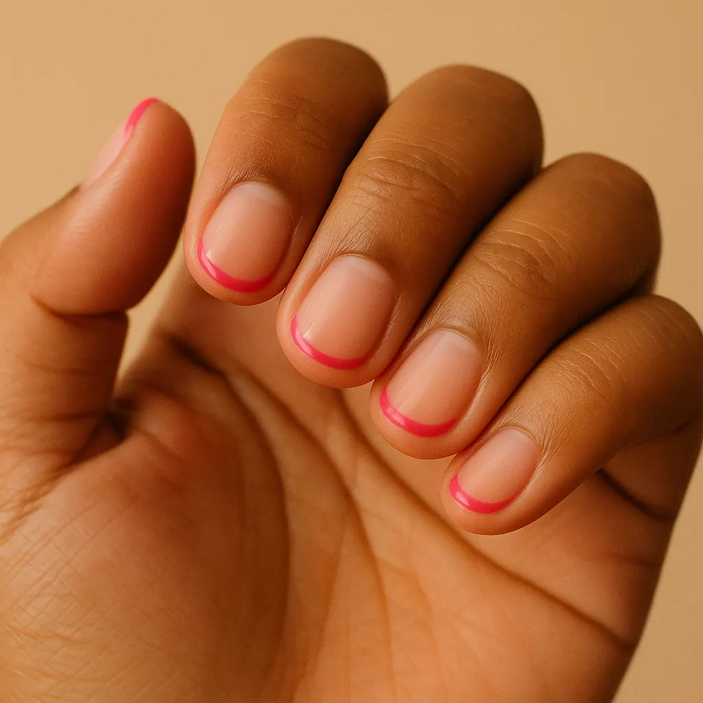 Short round nails, a sheer nude base with a thin hot pink tip, on medium brown skin.