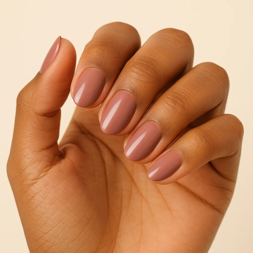 Medium oval nails in a muted dusty rose, on morena skin.