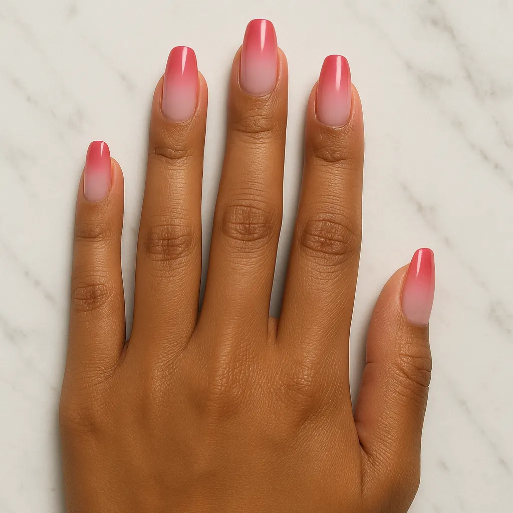 Medium coffin nails fading from light pink at the base to rose pink at the tips on warm tan skin, hand flat on white marble.