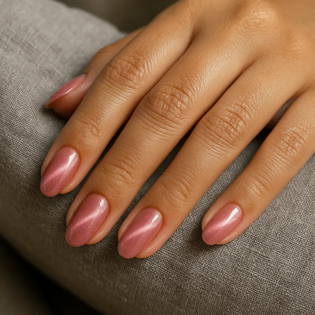 Medium oval nails in rosy pink with a shimmering diagonal cat eye band on light tan skin, resting on a grey cushion.
