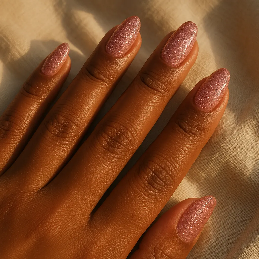 Medium almond nails covered in fine rose pink glitter on deep brown kayumanggi skin, resting on cream linen in warm light.