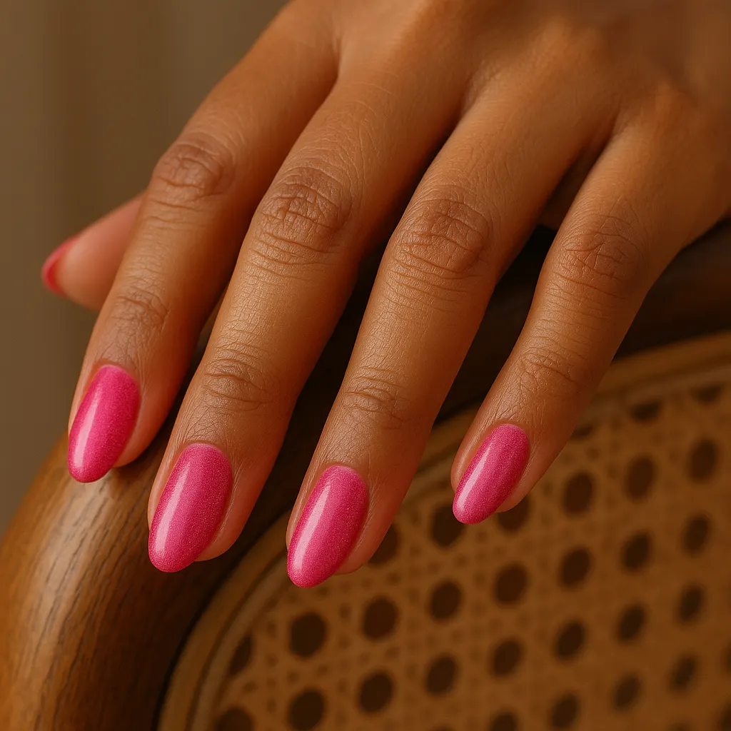 Medium oval nails in a shimmering hot pink velvet finish on warm tan skin, resting on a wooden and rattan chair.