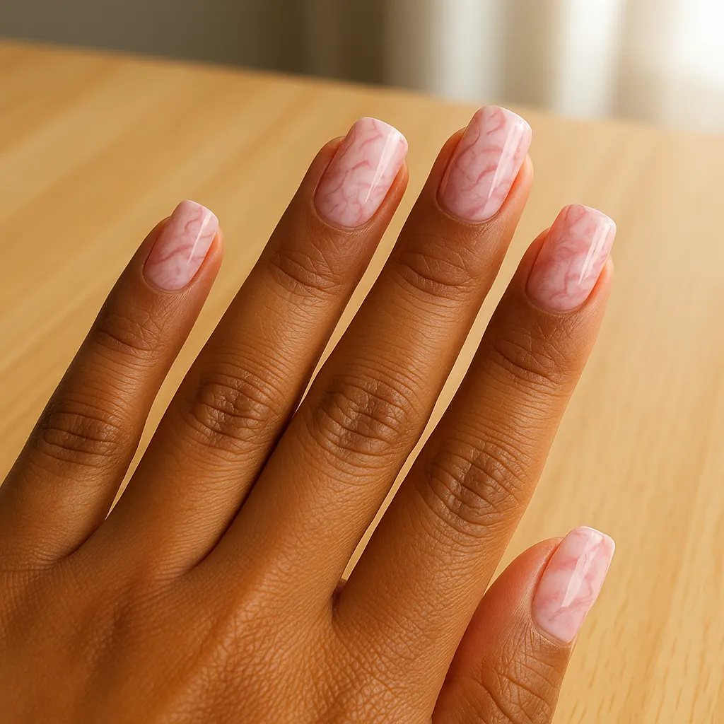 Medium square nails in pale pink with soft rose and white marble veins on morena skin, over a light wooden table.