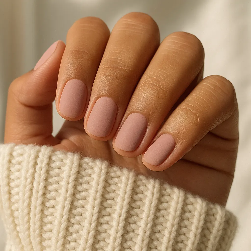 Short round nails in flat matte blush pink on light tan skin, hand curled above a cream knit sleeve.