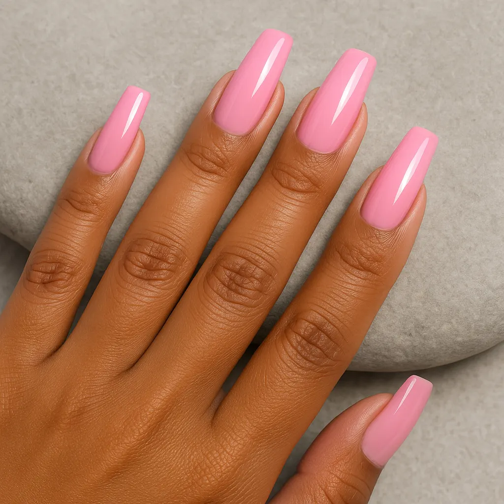 Long coffin nails in glossy bubblegum pink on warm tan skin, resting on smooth grey stone.