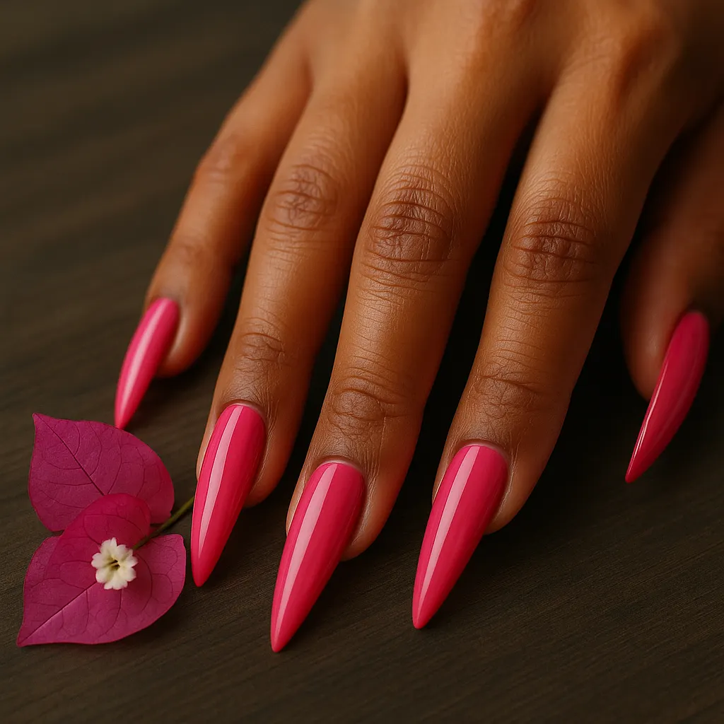Long stiletto nails in glossy hot pink on medium brown skin, on a dark wooden table beside a pink bougainvillea bract.