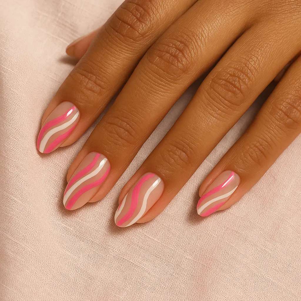 Medium almond nails with wavy bright pink and white swirl lines over a nude base on warm tan skin, resting on light pink linen.