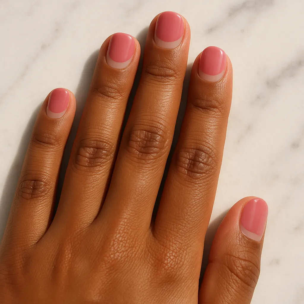 Short round nails in glossy pink with a bare nude crescent at each cuticle on morena skin, hand flat on white marble.