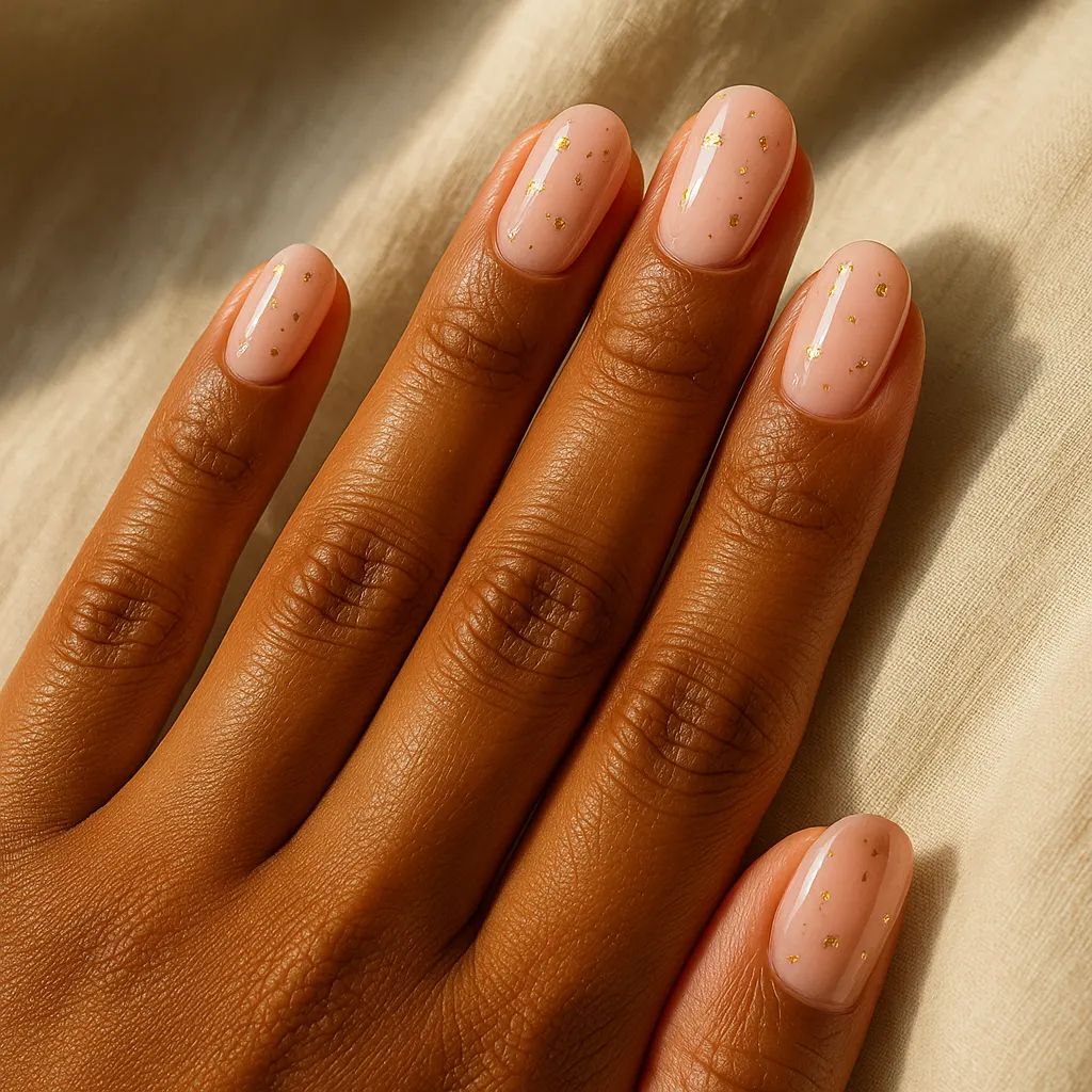 Medium oval nails in soft baby pink with small gold foil flecks on deep brown kayumanggi skin, resting on cream linen.