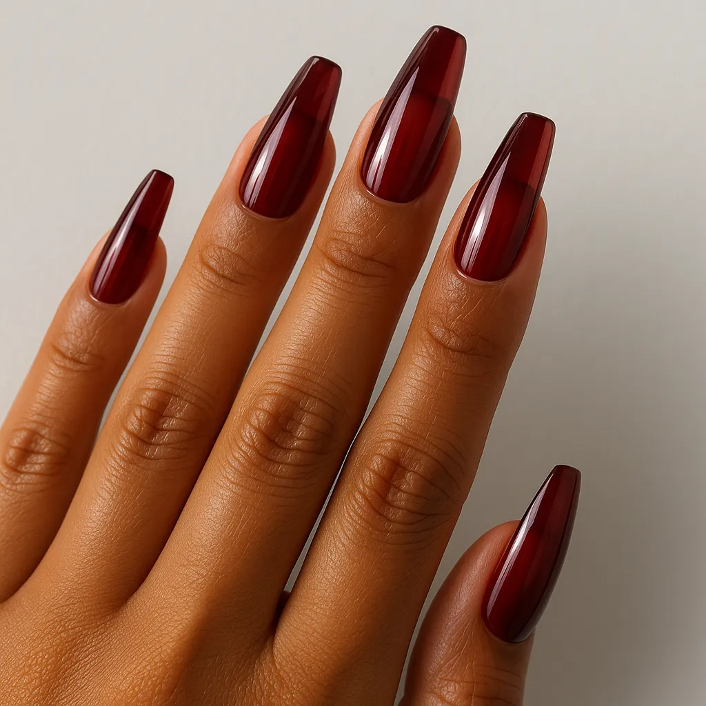 Long coffin nails in a translucent dark cherry red that reads like glass, on morena skin against a light grey background.