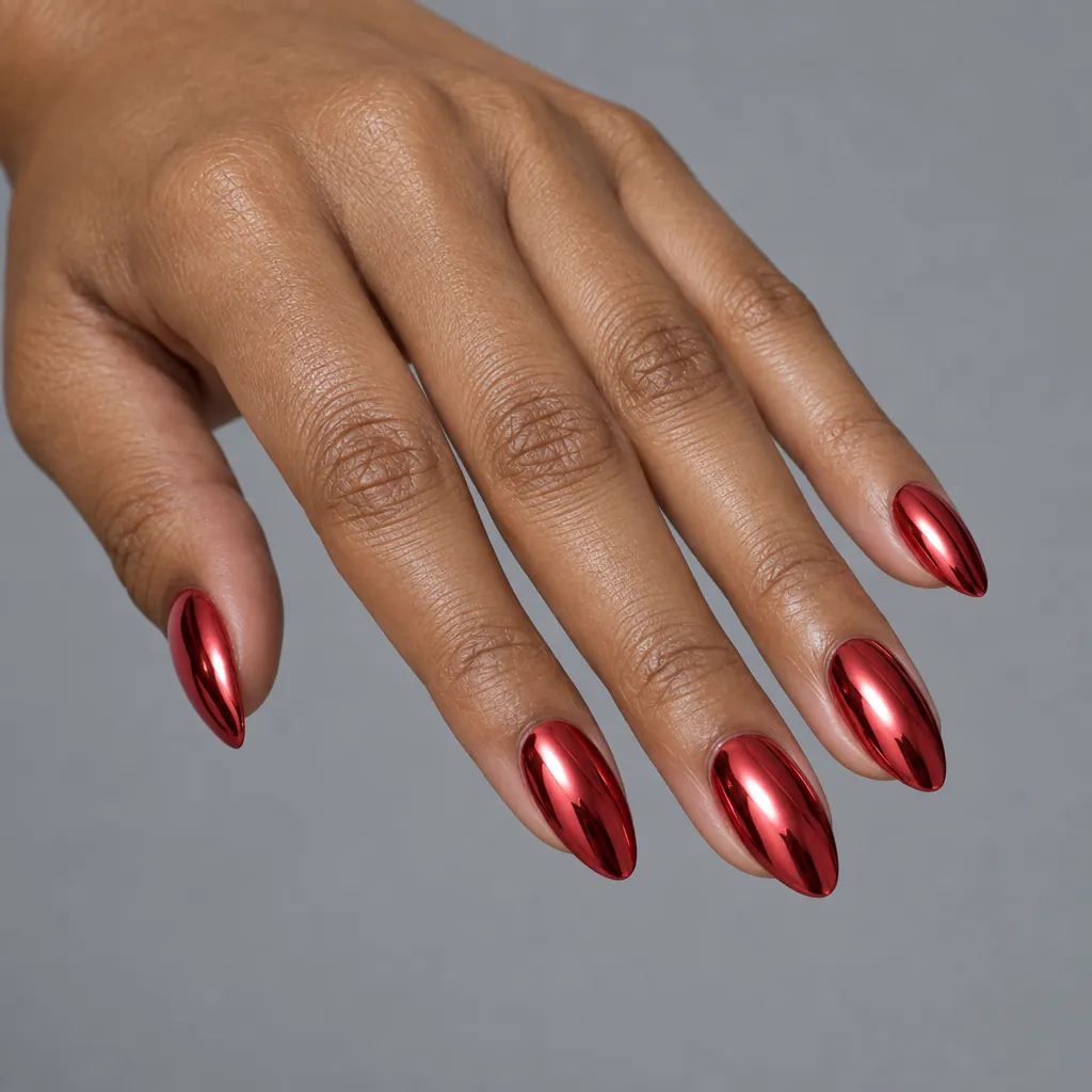 Long almond nails in a mirror red chrome, on warm brown skin.