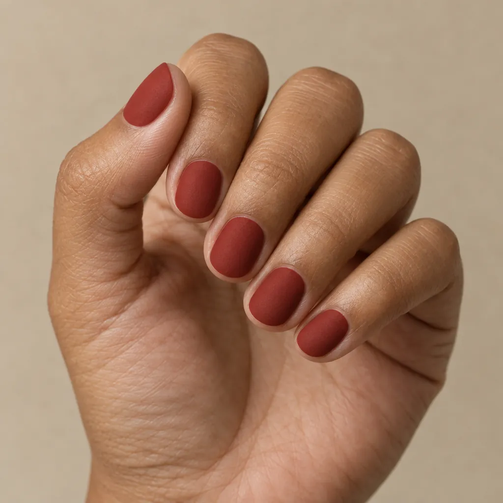 Short round nails in a matte brick red with no shine, on tan skin.