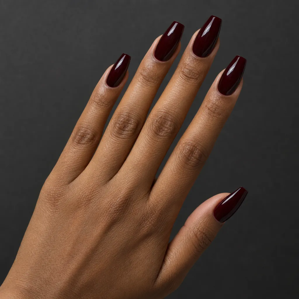 Long coffin nails in a dark oxblood that reads almost black in shadow, on medium brown skin.