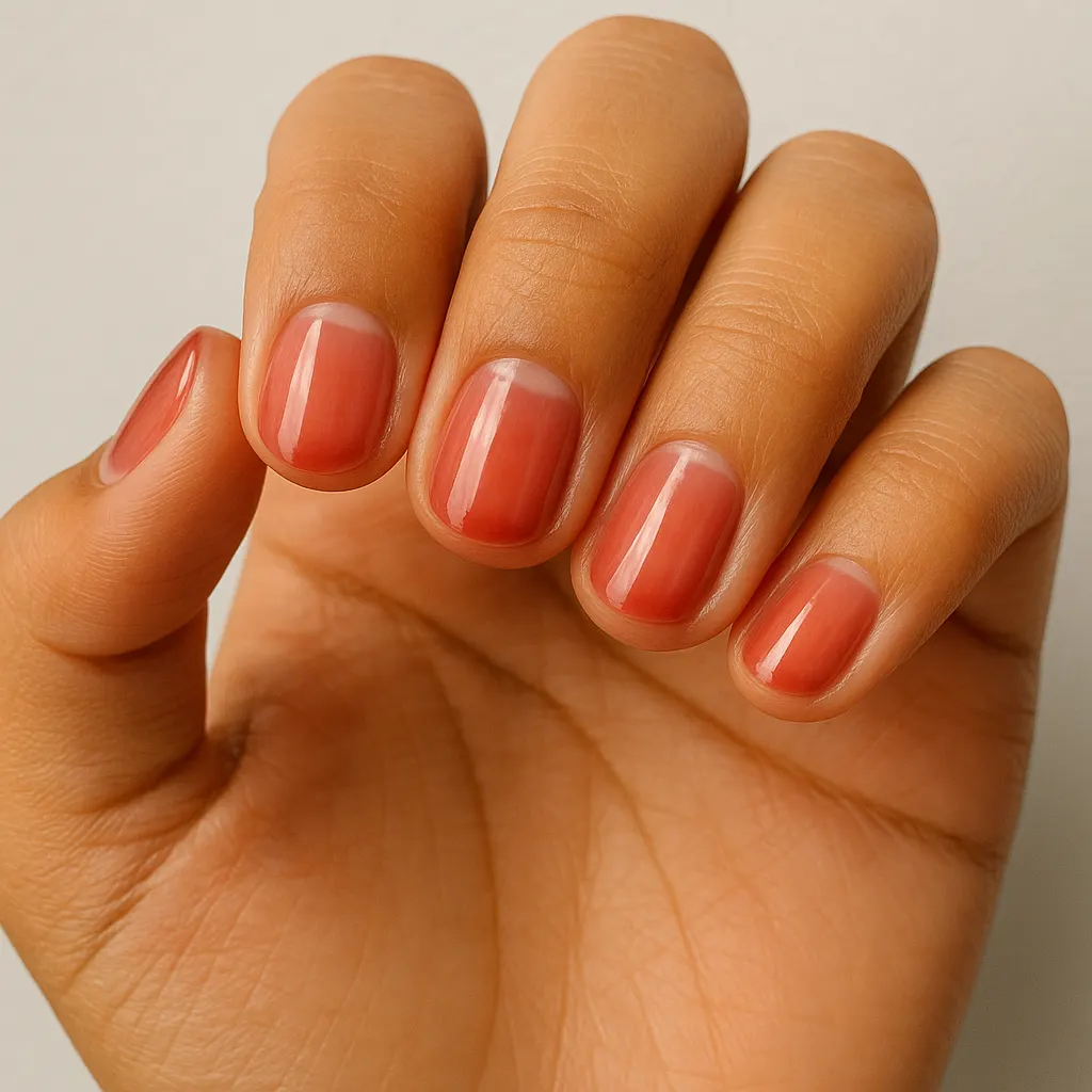 Short round nails in a sheer washed red with the pale half moon showing through, on warm tan skin against a light grey background.