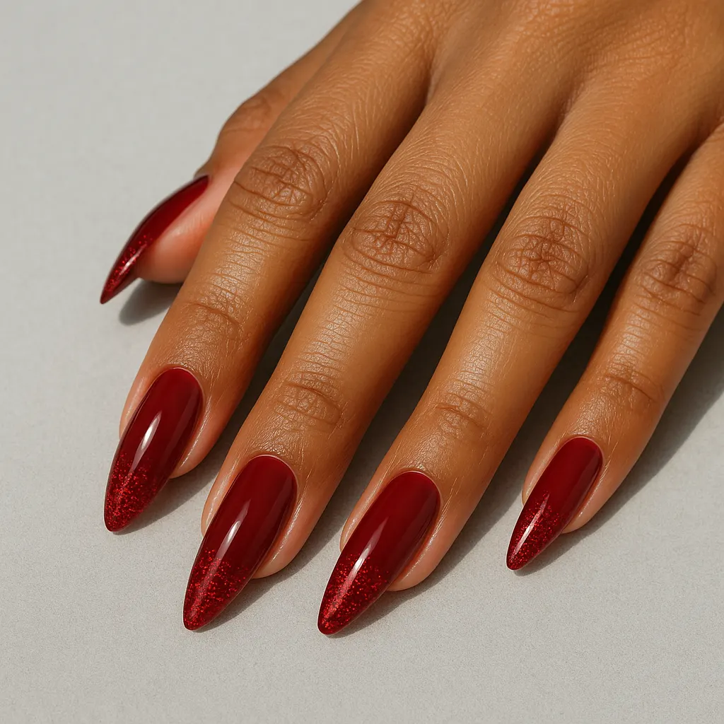 Long almond nails in a deep red with fine red glitter packed at the tips, on kayumanggi skin against a light grey background.