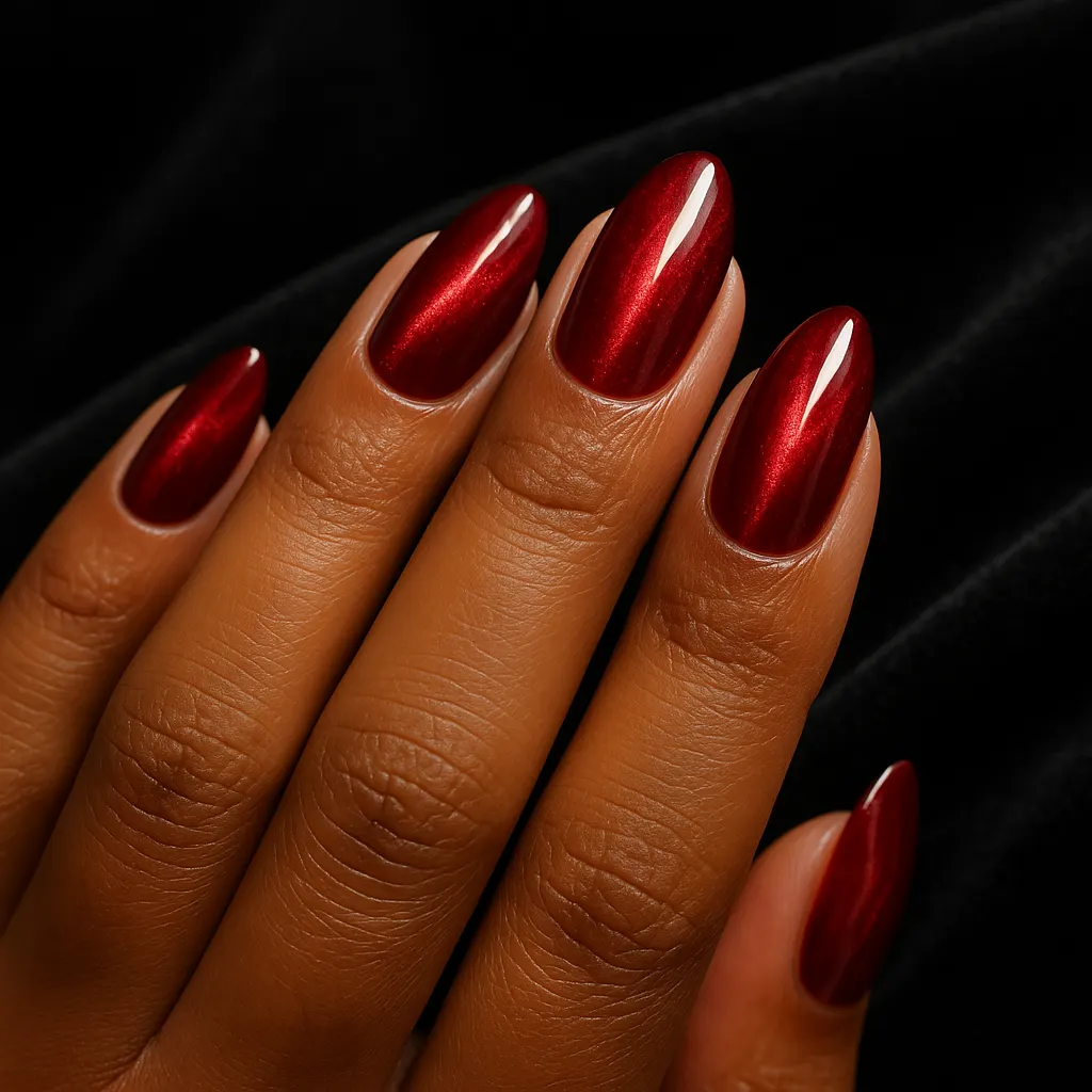 Medium almond ruby red cat eye nails with a silky shimmer band, on morena skin against black velvet.