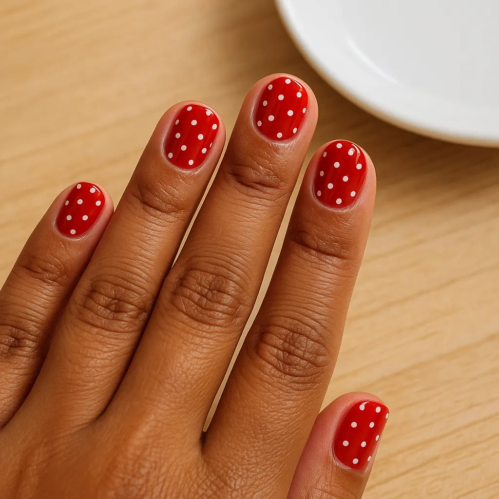 Short round glossy red nails with small white polka dots, on warm tan skin beside a white plate on a wooden table.