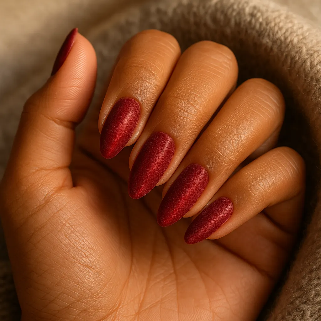 Medium almond cherry red nails with a soft sparkly velvet finish, on morena skin against a knit blanket.