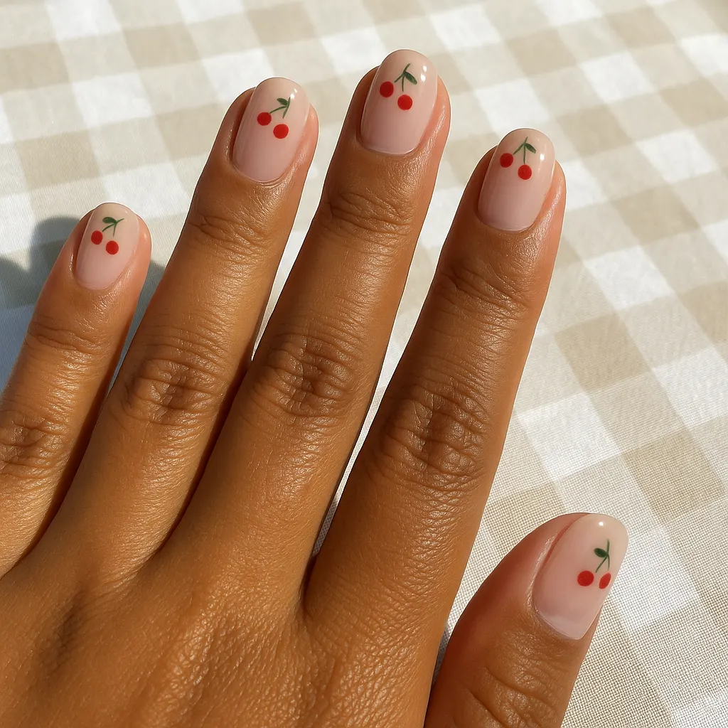 Short round sheer nude nails with small painted red cherries and green stems, on warm tan skin on a beige gingham cloth.