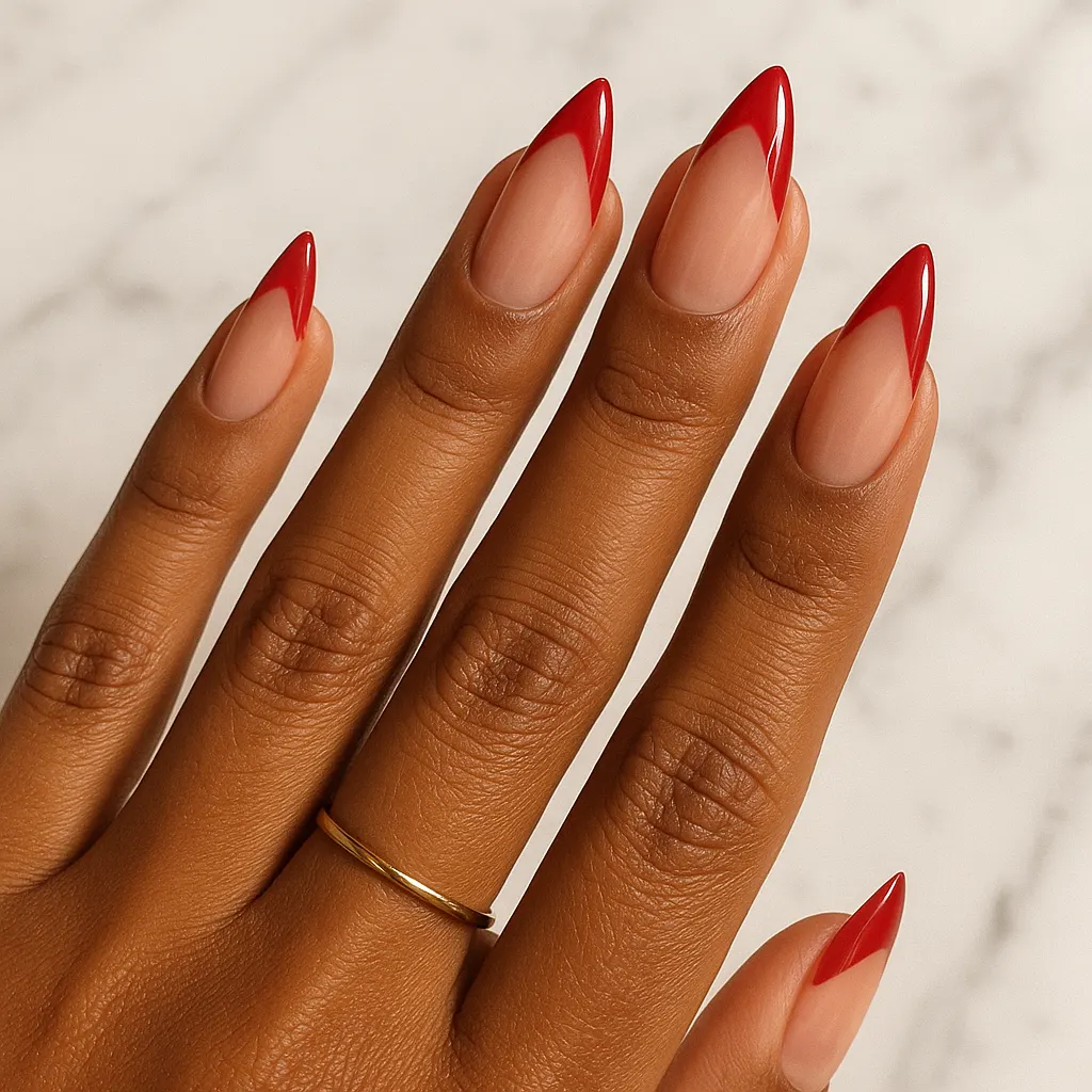 Long almond nude nails with glossy red deep V French tips and a thin gold ring, on morena skin resting on white marble.
