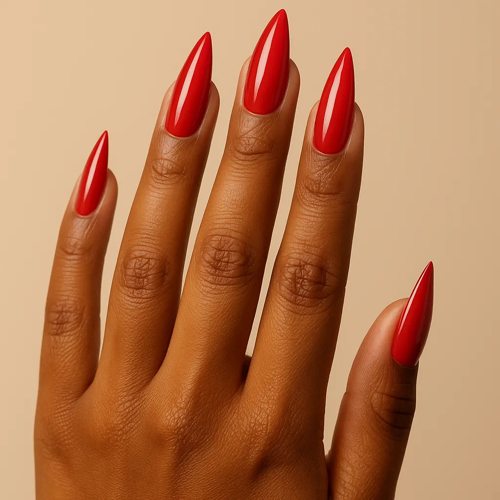 Long pointed stiletto nails in high gloss true red, on kayumanggi deep brown skin against a plain beige background.