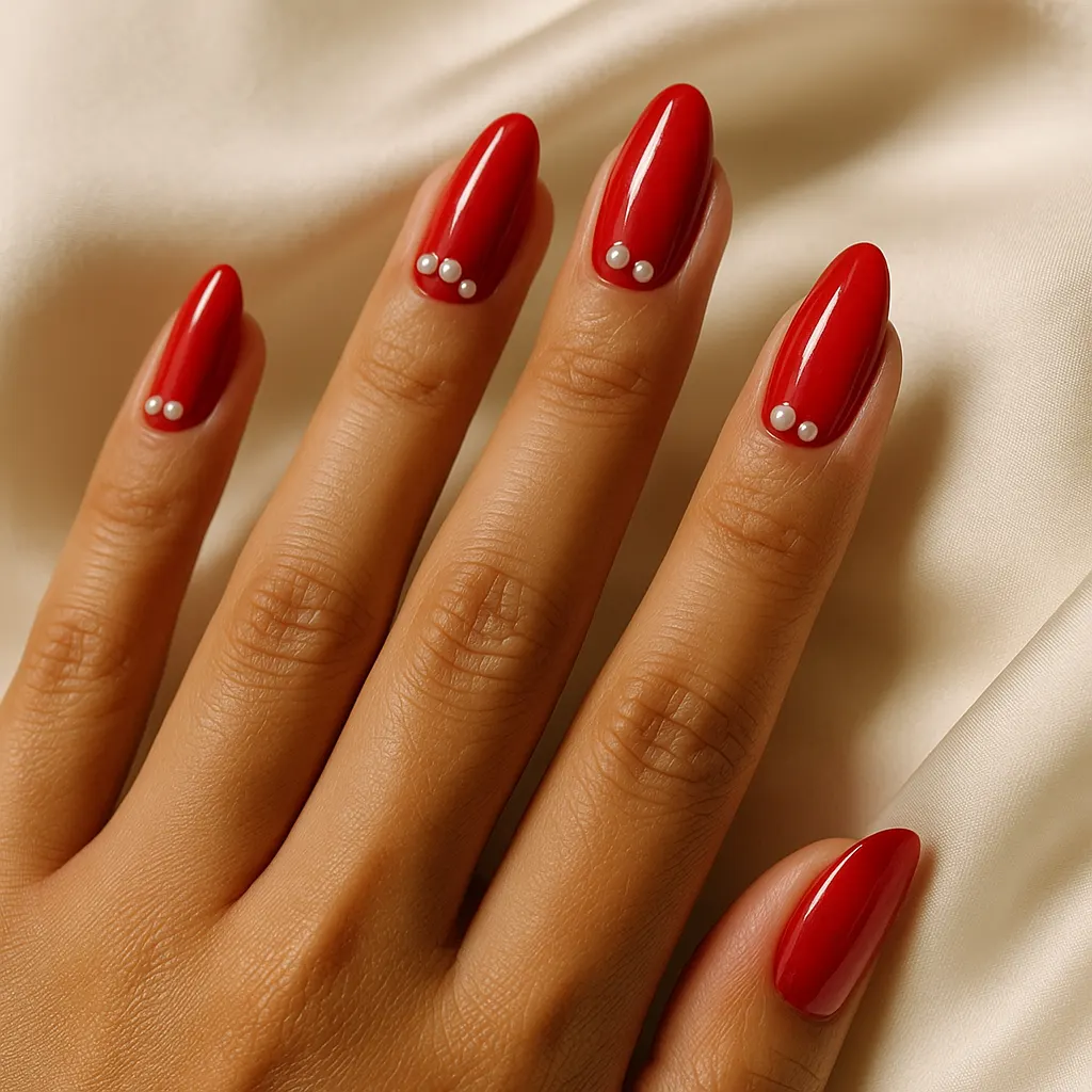 Medium almond glossy red nails with small white pearls near the cuticle, on light mestiza skin resting on ivory satin.